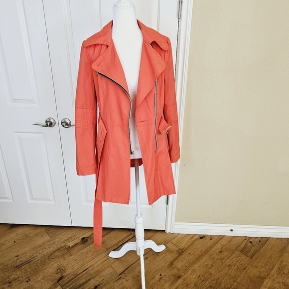 Black Rivet Belted Rain Trench Zip Coat Watermelon Size M - Picture 13 of 15